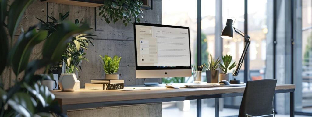 a sleek urban office space features a modern workstation with a computer displaying the booking interface for next door movers, exuding a sense of efficiency and simplicity in the moving process.
