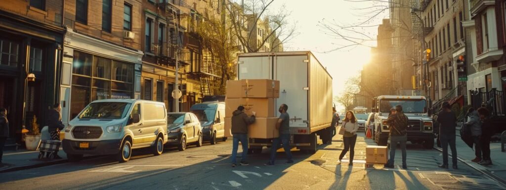 a vibrant urban scene capturing a bustling moving company in aberdeen, nj, featuring a diverse group of professionals efficiently loading large cardboard boxes into a sleek moving truck against a backdrop of a busy city street.