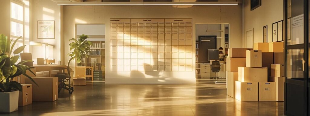 a well-organized office space filled with neatly packed boxes and a large wall calendar displaying a moving timeline highlights the importance of strategic planning for a seamless relocation experience.