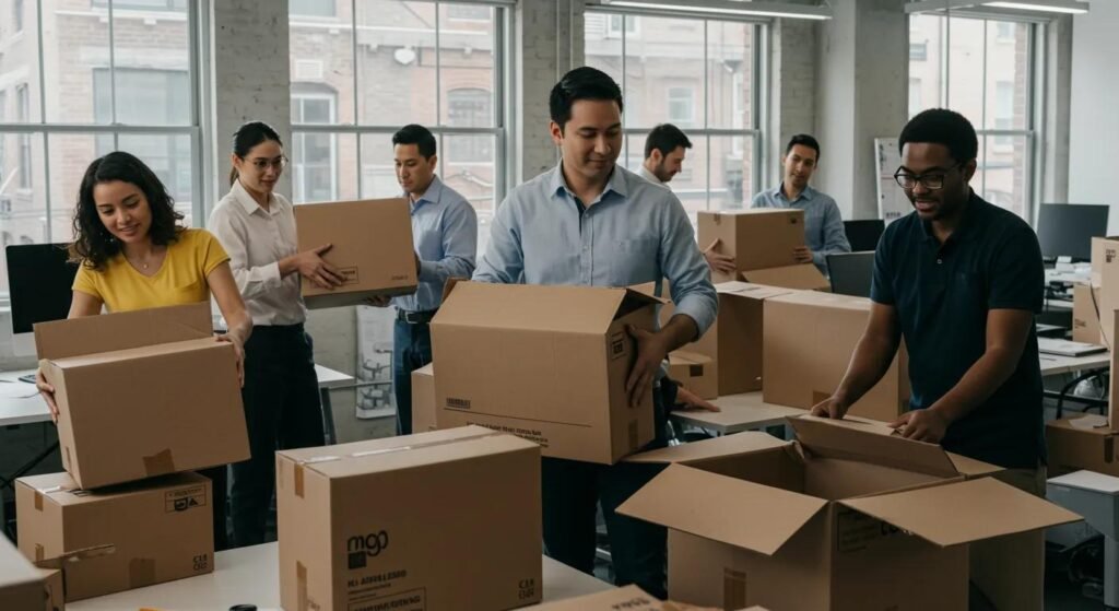 a bustling urban office space fills with diverse professionals strategically organizing and packing boxes, embodying the efficient collaboration of a moving company in action in manalapan, nj.