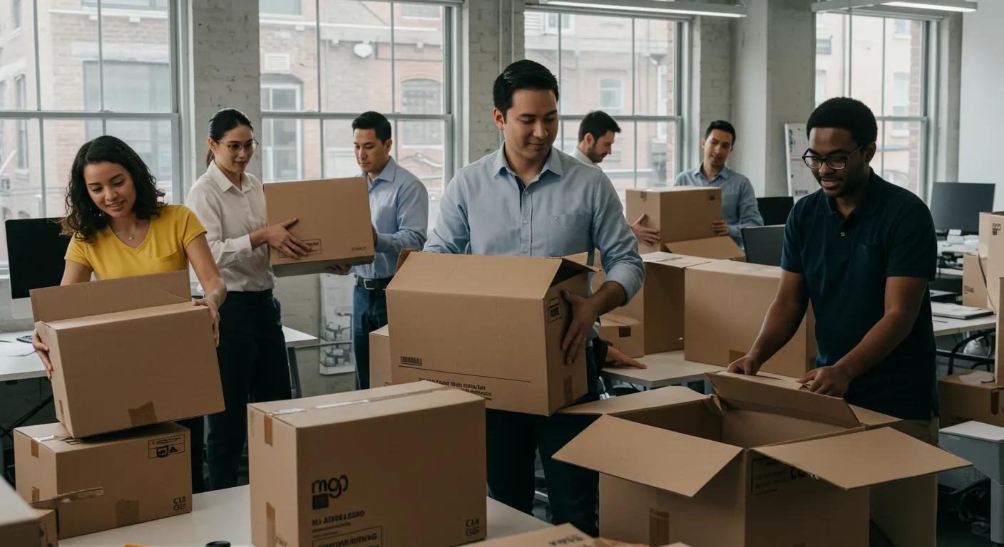 a bustling urban office space fills with diverse professionals strategically organizing and packing boxes, embodying the efficient collaboration of a moving company in action in manalapan, nj.