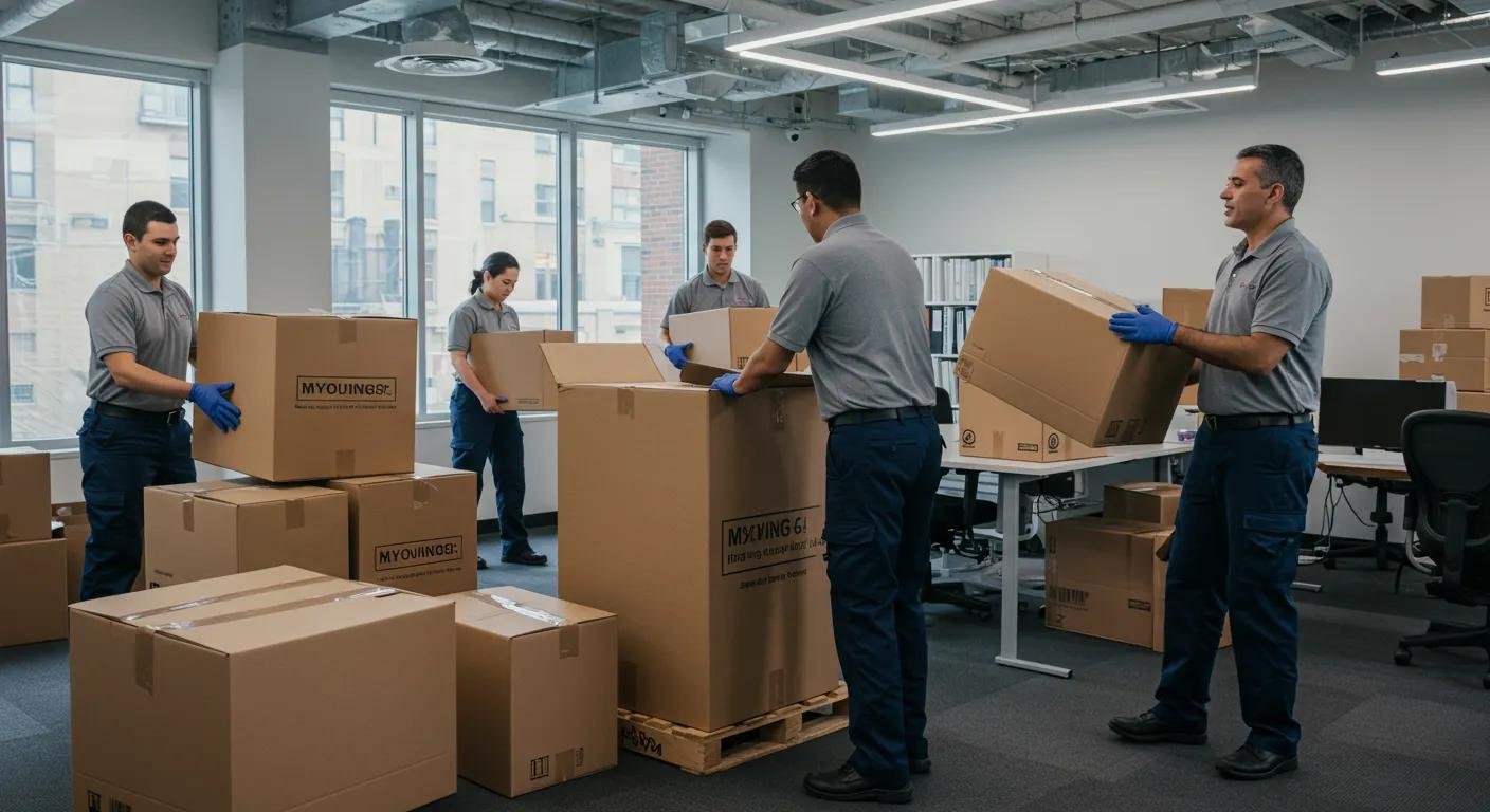 a bustling indoor setting showcases a team of professional movers efficiently packing and organizing boxes in a well-organized office space, emphasizing the reliability and expertise of our moving service in manalapan, nj.