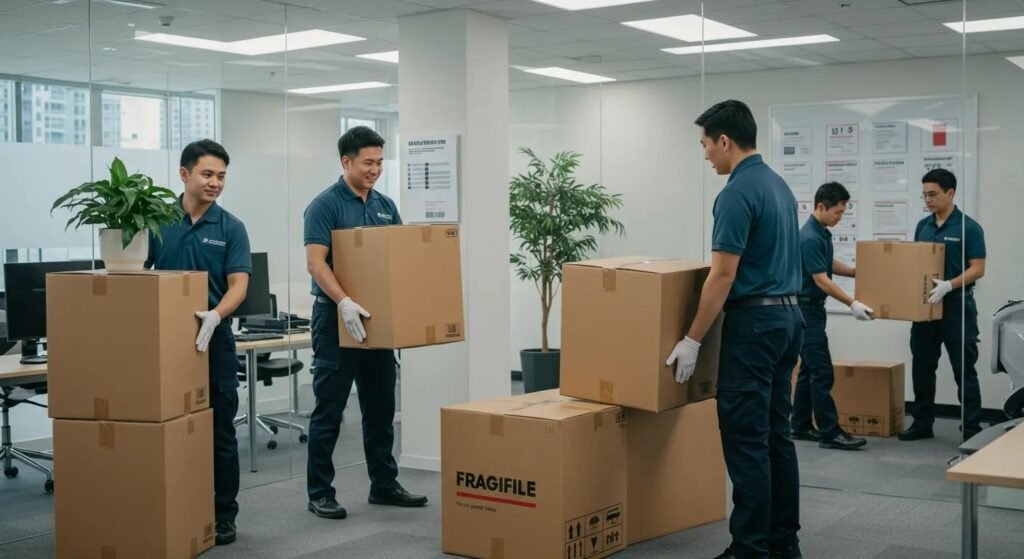 a professional moving company in a bustling urban office setting, showcasing a team of well-dressed movers efficiently packing and loading boxes labeled with fragile items, emphasizing their credentials through visible certification badges displayed on the walls.
