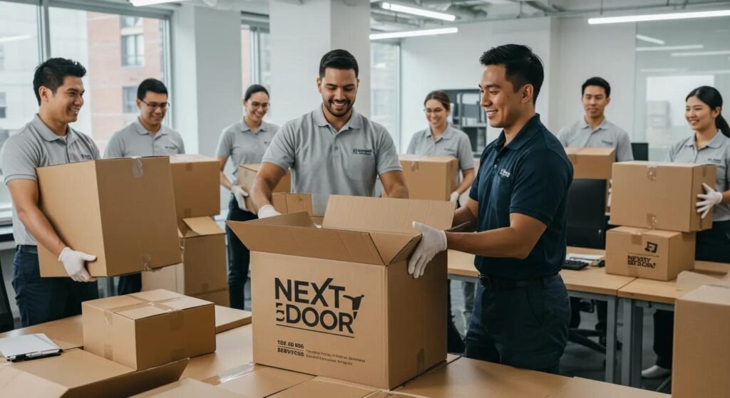 a bustling office environment captures a diverse team of professionals expertly packing and organizing boxes, embodying the precision and care of next door movers' services in manalapan, nj.