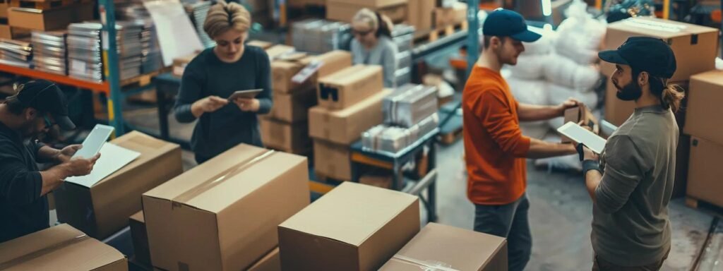 a bustling indoor environment features movers efficiently comparing quotes on digital tablets while surrounded by neatly packed boxes, emphasizing the importance of evaluating value and services during the moving process.