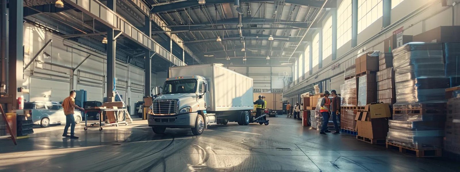 a bustling indoor environment featuring a team of professionals efficiently packing and loading boxes into a sleek moving truck, with an emphasis on teamwork and organization in a bright, modern warehouse setting.