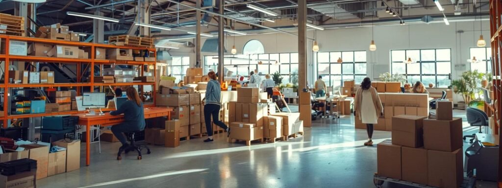 a bustling indoor moving company in brielle, nj, showcases a vibrant and organized scene of professionals efficiently packing boxes and coordinating logistics within a bright, modern office space.