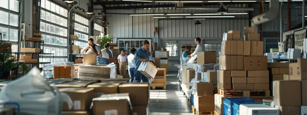 a bustling indoor moving company office in brielle, nj, featuring a focused team energetically packing and organizing boxes, with a backdrop of charts showcasing customer reviews and service offerings, all under bright, professional lighting.