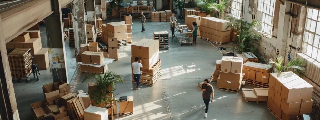 a bustling indoor moving scene captures professional movers expertly coordinating the careful transport of boxes and furniture within a well-lit, organized space, conveying the efficiency and reliability of the moving process.