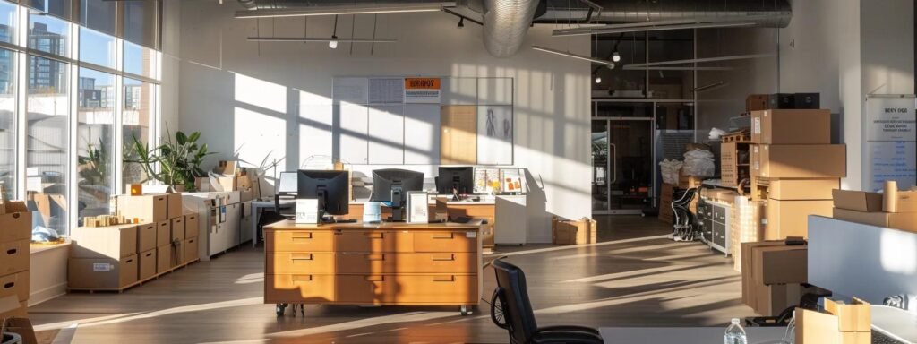 a bustling moving company office in brielle, nj, showcases organized individuals efficiently coordinating logistics over a large wall-mounted timeline, with boxes and essential packing materials neatly arranged, illustrating the essence of a smooth transition.