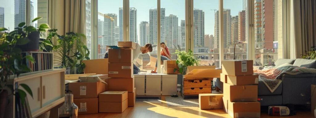 a bustling moving operation unfolds in a modern urban apartment, featuring professional movers efficiently organizing boxes and furniture amidst a backdrop of gleaming high-rise buildings and a vibrant cityscape.