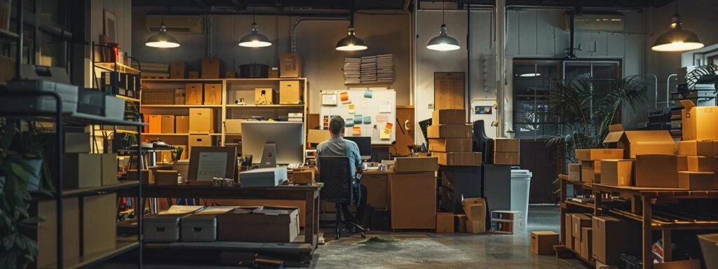 a bustling office environment showcases a diverse team of professionals strategically coordinating their moving plans, surrounded by neatly stacked boxes and a whiteboard filled with logistics, all illuminated by bright, focused overhead lighting.