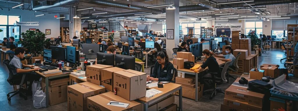 a bustling office environment showcases a diverse team efficiently evaluating moving service costs, surrounded by packed boxes and digital devices, highlighting the complexities of relocation in brielle, nj.