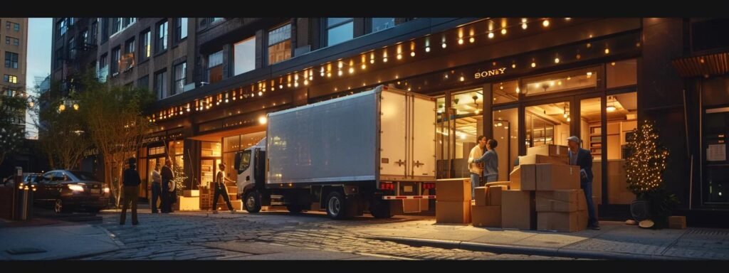 a bustling urban moving scene captures a professional moving team efficiently packing and organizing boxes into a sleek moving truck outside a modern apartment building, illuminated by the warm glow of overhead lights.