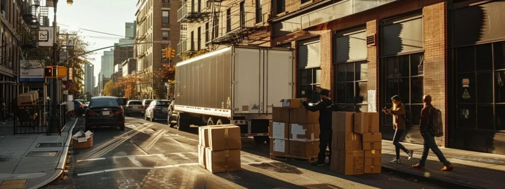 a bustling urban moving company in allenhurst, nj, showcases a dynamic scene with diverse team members expertly maneuvering stacks of cardboard boxes into a sleek, modern moving truck against the backdrop of city buildings.