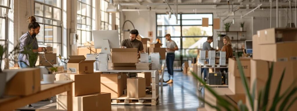 a bustling urban moving company team efficiently organizes and boxes household items in a modern, spacious office setting, embodying a smooth and stress-free relocation process.