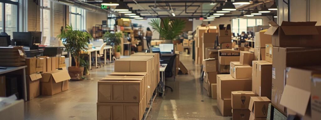 a bustling urban office space is filled with professionals expertly managing the relocation of packed boxes, showcasing a seamless operation that reflects the expertise of aberdeen nj's local relocation services.