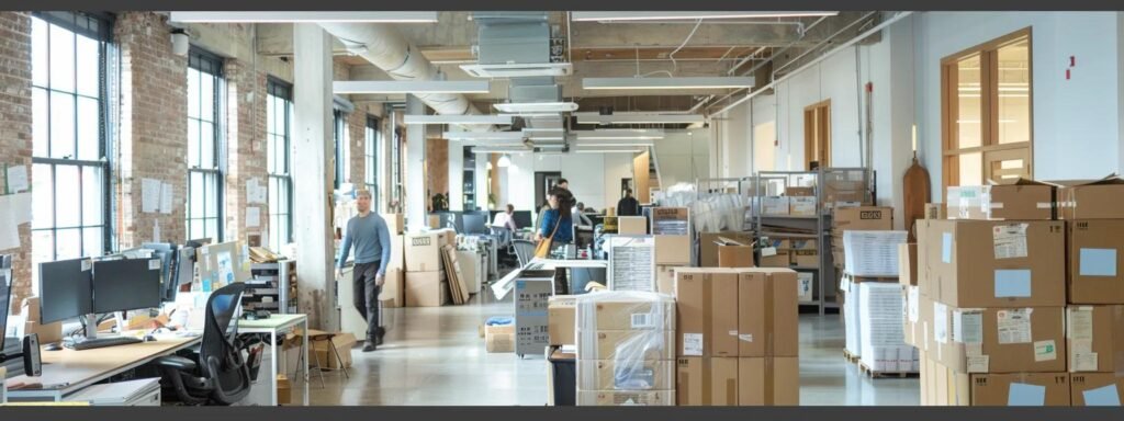 a bustling urban office space showcases a diverse team of professionals expertly coordinating a mock moving operation, surrounded by neatly stacked boxes and color-coded labels, embodying the key qualities of a reputable moving company in allenhurst, nj.