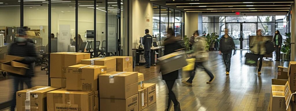 a busy urban office space bustling with professional movers efficiently packing and transporting boxes, showcasing the seamless coordination and reliability of west long branch's moving services.