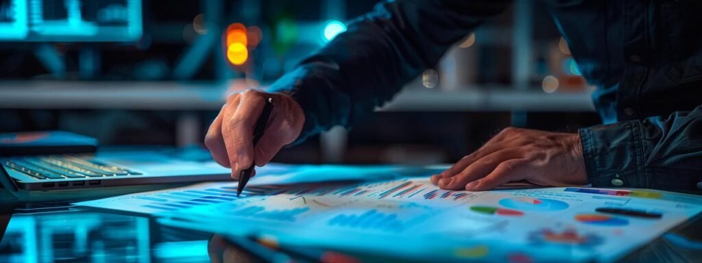 a detailed close-up of a professional moving consultant analyzing a complex cost breakdown chart on a sleek office desk, illuminated by sharp overhead lighting, highlighting various service categories and fees associated with moving services.