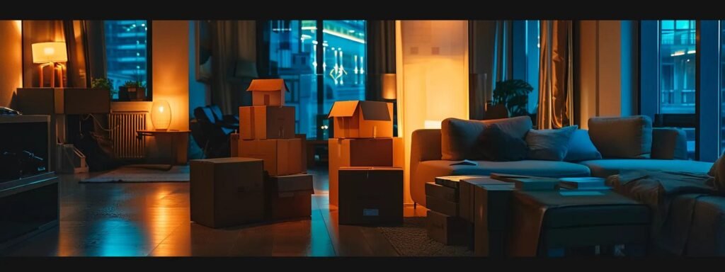a dynamic urban moving scene featuring a professional team expertly maneuvering boxes into a modern, well-furnished apartment, illuminated by soft interior lighting that conveys a sense of warmth and new beginnings.