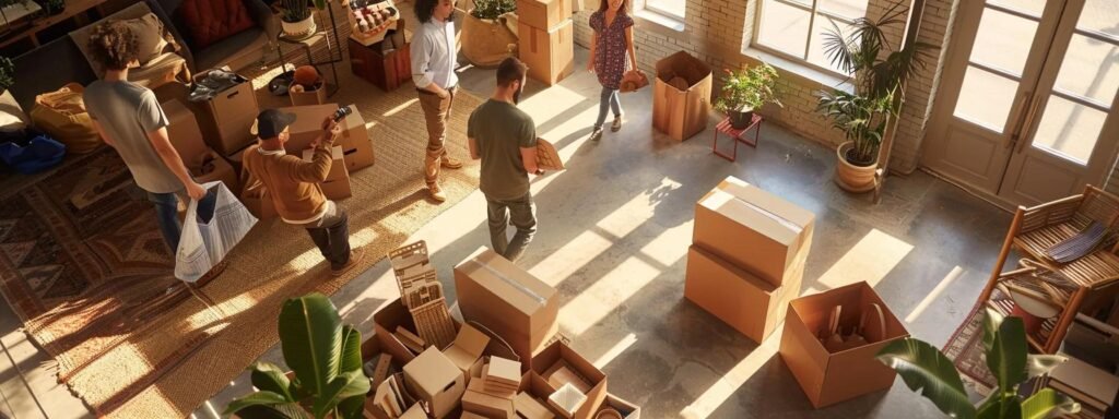 a bustling indoor setting showcases a team of professional movers efficiently packing boxes and organizing belongings, highlighting the importance of thorough planning and communication during a stress-free move.
