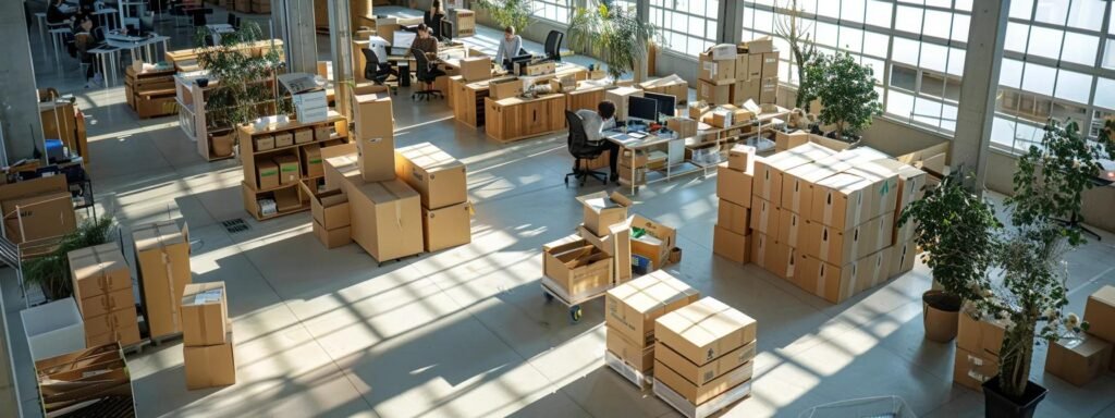 a bustling office relocation scene featuring professional movers efficiently packing and organizing technology and equipment in a modern workspace, with boxes neatly labeled and minimal disruption to the ongoing business activities.