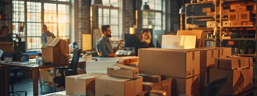 a bustling office setting showcases a team of professional movers efficiently packing boxes and coordinating logistics, embodying professionalism and reliability in the moving process.