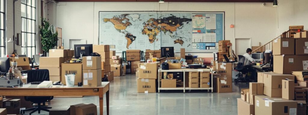 a bustling urban moving company office features focused movers efficiently packing neatly stacked boxes in a well-organized space, with packing materials and a large map of freehold, nj, prominently displayed in the background.