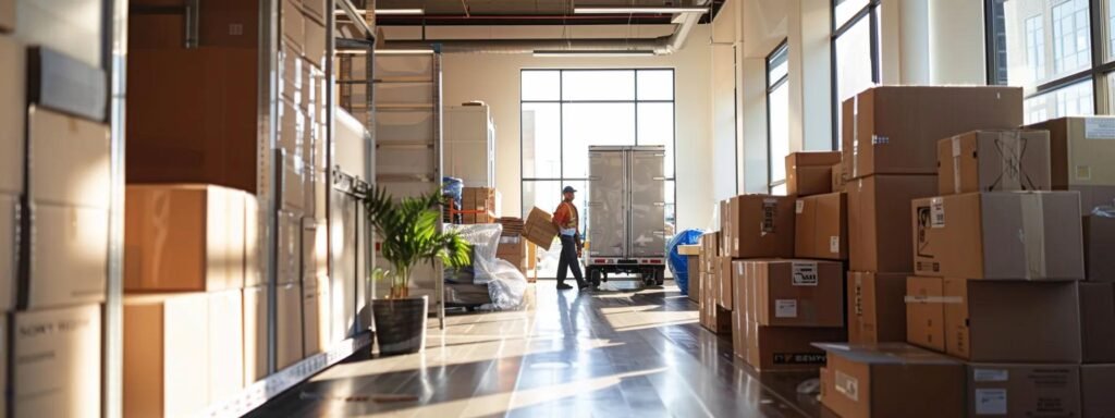 a bright and organized urban office space showcases professional movers efficiently packing boxes and carefully loading them onto a sleek moving truck, conveying a sense of reliability and streamlined service.
