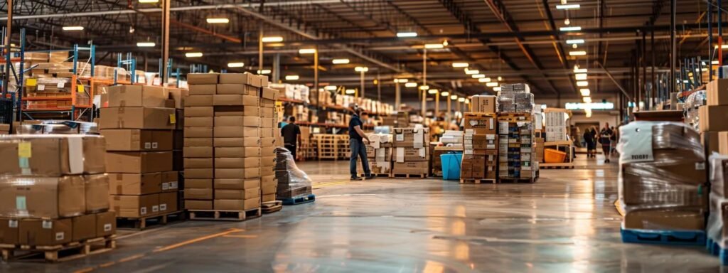 a bustling indoor moving and storage facility, filled with neatly stacked boxes and workers actively packing and organizing items under vibrant overhead lighting.