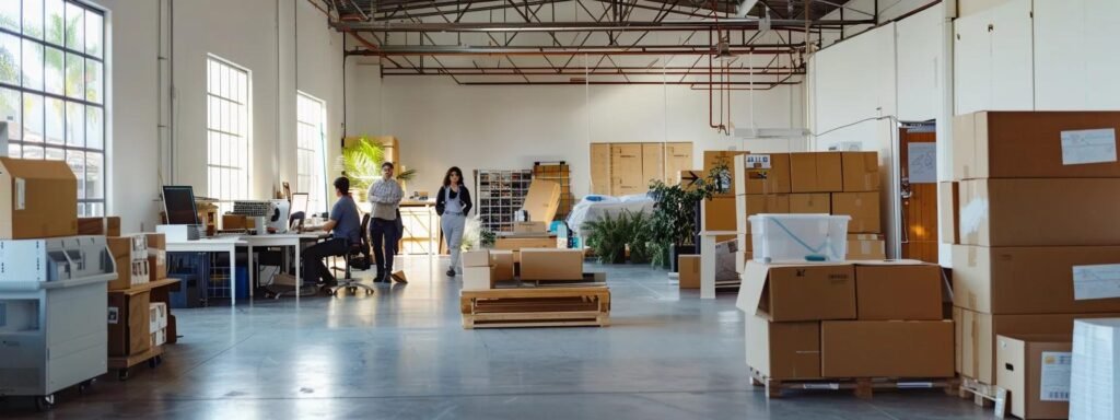 a bustling indoor moving company office reveals a team of professional movers engaged in packing and organizing boxes, showcasing a clear focus on efficient logistics and tailored service.