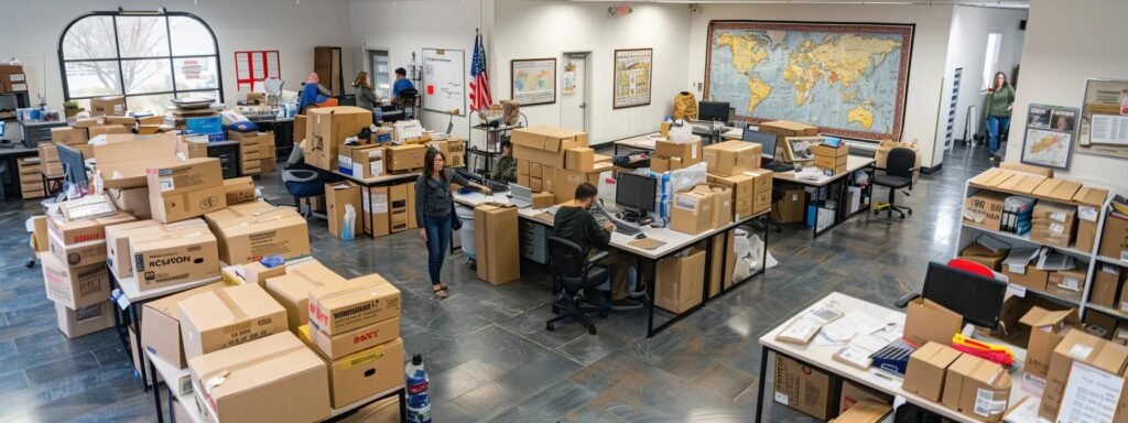 a bustling indoor moving company office features a team of professionals efficiently packing and organizing boxes, surrounded by maps and customer testimonials, highlighting their commitment to service quality in monmouth beach.