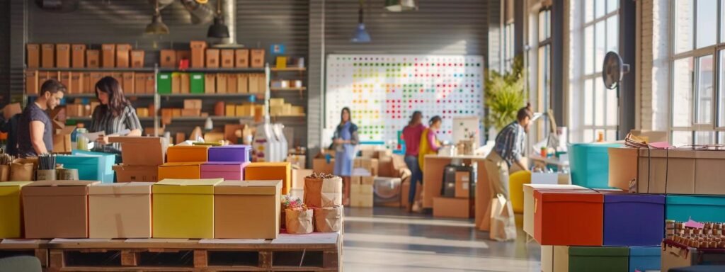 a bustling indoor moving company office showcases a diverse team of professionals efficiently packing and organizing an array of colorful boxes, while a large whiteboard in the background details transparent pricing estimates and service options for local and long-distance moves.