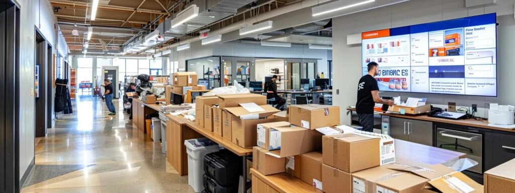 a bustling indoor moving company office showcases professionals energetically packing boxes and coordinating logistics, with a large wall-mounted digital display highlighting transparent pricing options and moving quotes in a modern, sleek environment.