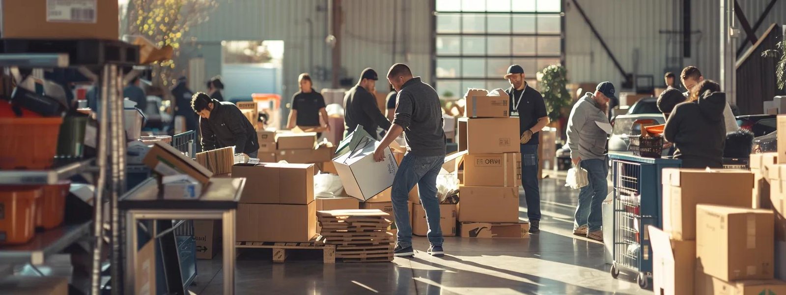 a bustling indoor moving service in interlaken, nj, showcases focused professionals efficiently packing and organizing boxes in a well-lit, spacious environment.