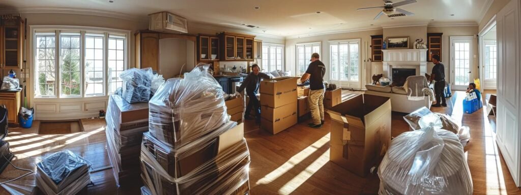 a bustling indoor moving service scene in an oceanport residence, featuring a professional team efficiently packing boxes and organizing furniture with precision, surrounded by neatly stacked packing materials and a clear layout showing the transition to a new home.