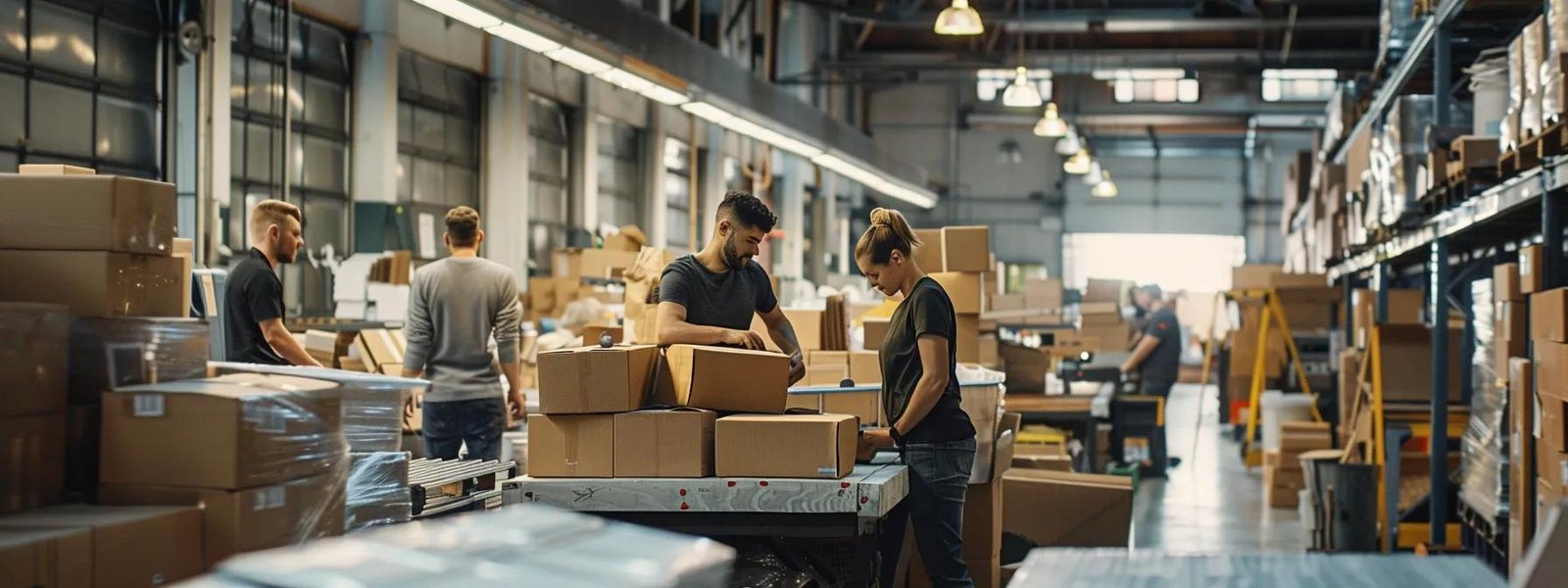 a bustling indoor scene captures a diverse team efficiently packing and stacking boxes in a modern warehouse, with bright overhead lights illuminating their focused expressions and the organized chaos of moving supplies.