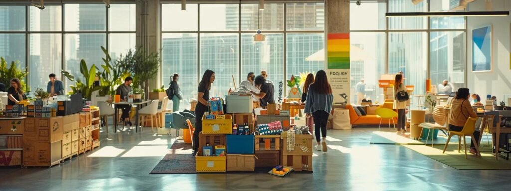 a bustling indoor scene of a modern office space, featuring families engaged in discussions while unpacking colorful boxes filled with school supplies, symbolizing their excitement about relocating to highlands, nj for quality education.