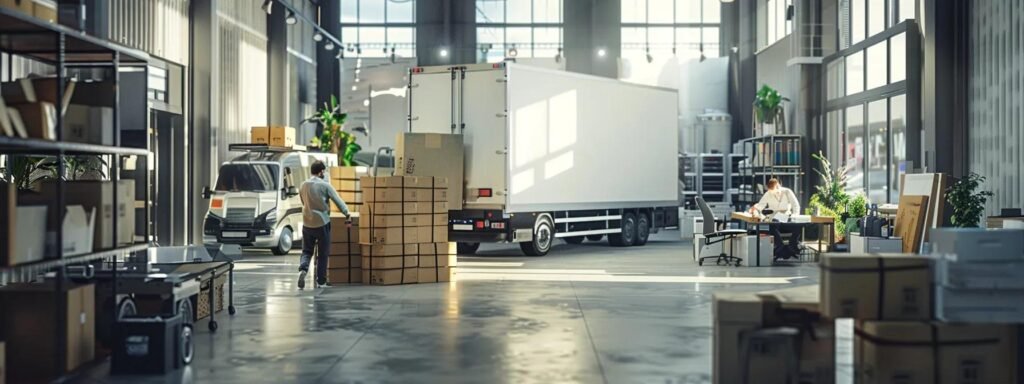 a bustling, modern office environment showcases a team of professionals efficiently packing and loading boxes into a moving truck, with a large whiteboard displaying a detailed cost breakdown and estimates prominently in the background.