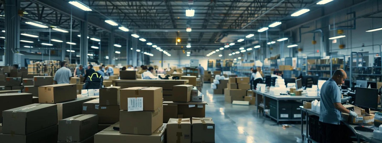 a bustling moving company office scene, filled with focused professionals packing boxes and coordinating logistics, illuminated by bright overhead lights and accented by stacks of neatly labeled cartons ready for transport.