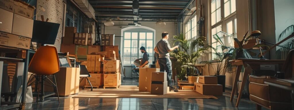 a bustling moving company office scene with a diverse team of professional movers discussing pricing options while surrounded by neatly packed boxes, clipboards, and packing materials, conveying the importance of transparent cost breakdowns for clients.