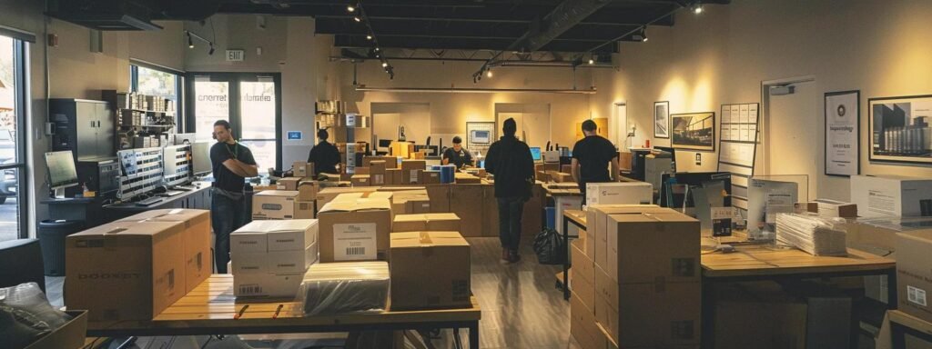 a bustling moving company office in keyport, nj, showcases professionals expertly packing and organizing boxes in a clean, modern workspace, with transparent pricing charts prominently displayed on the walls, emphasizing their commitment to efficient and stress-free moving solutions.