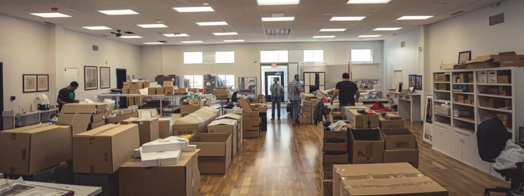 a bustling moving company office in interlaken, nj, showcases dedicated professionals expertly packing boxes with a diverse range of items, from antiques to modern furniture, under bright fluorescent lights, highlighting the efficiency and transparency of the moving process.
