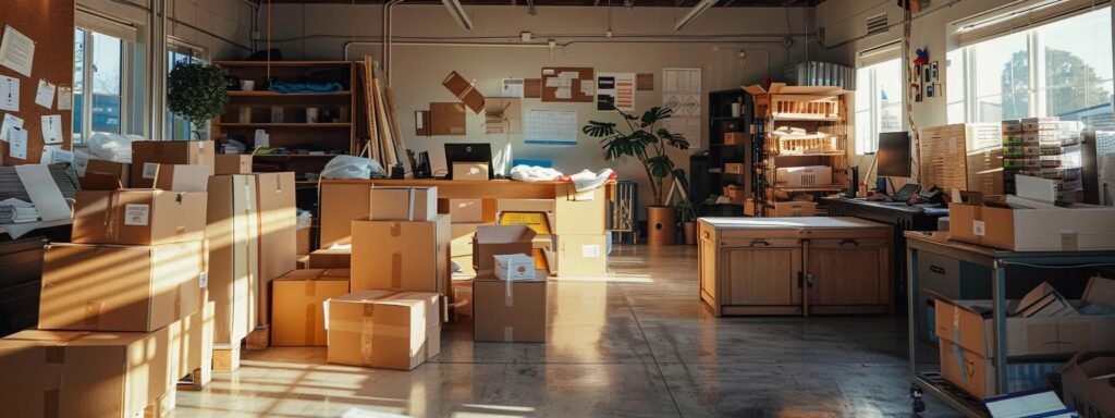 a bustling moving company office in bradley beach, featuring a team of professionals efficiently packing and organizing boxes, with clearly marked labels and a busy schedule board in the background, highlighting the dynamic nature of moving services.