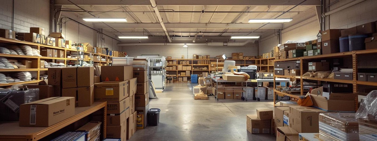 a bustling moving company office in manalapan, featuring a diverse team of professionals efficiently organizing and packing boxes, highlighted by sharp fluorescent lighting and a backdrop of tidy, labeled storage shelves.