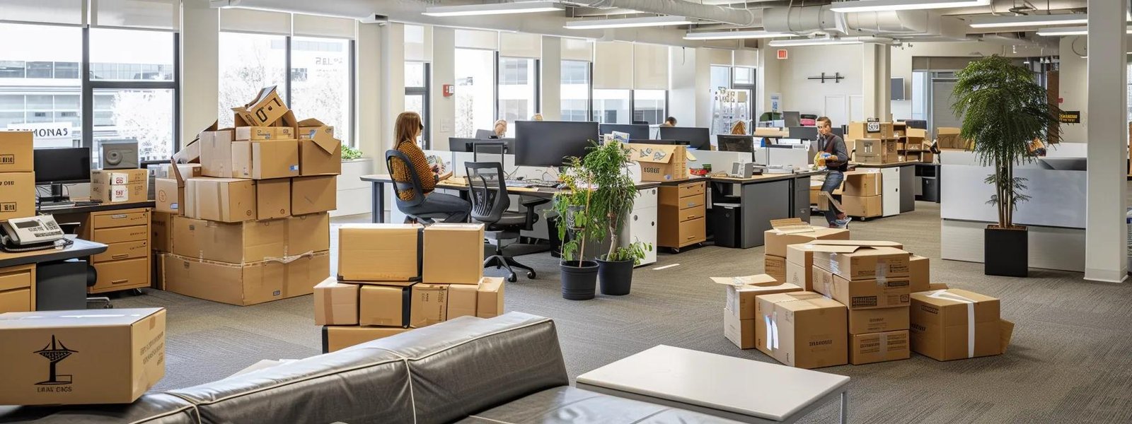 a bustling office environment showcases a professional local moving company, with individuals efficiently packing and stacking boxes labeled for a seamless transition to their new locations.