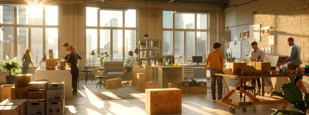 a bustling office environment captures a diverse team of movers efficiently coordinating the packing and loading of boxes, with a detailed moving checklist displayed prominently on a nearby wall, highlighting their organized approach to a seamless relocation.