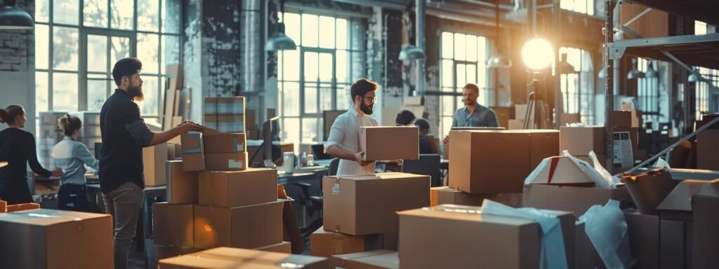 a bustling office environment captures a dynamic scene of professionals efficiently packing and organizing boxes, highlighting the meticulous planning and coordination involved in a commercial move.