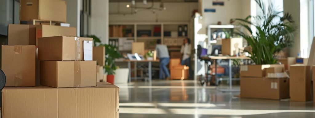 a bustling office environment features professional movers carefully packing boxes and organizing belongings, surrounded by clipboard notes and a digital tablet displaying moving quotes and comparisons.